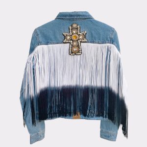 chaqueta personalizada con flecos y cruz moicano imsorrymama